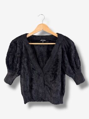 For Love & Lemons Fiona Cardigan XS Black Cropped Fuzzy Short Sleeve Casual